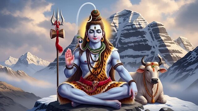 Shiva The Hindu Deity With Trident And Blessed Cow Against Snowy Himalayas