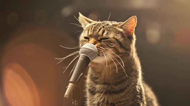 Singing cat with microphone showing playful expression in close-up
