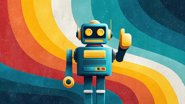 Colorful Retro Robot Cartoon Character Standing in Vibrant Abstract Rainbow Background