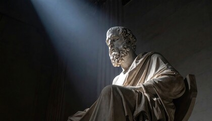 Obraz premium Ancient Greek Philosopher Statue Illuminated by Dramatic Spotlight.