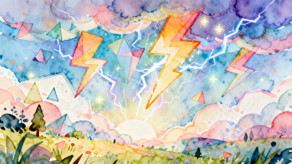 Fototapeta premium Vibrant Geometric Thunderbolts Striking Through Pastel Clouds at Sunset ,Surreal Nature Scenery with Stylized Lightning Strikes and Meadow View