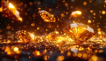Obraz premium Brilliant gemstones sparkle and float amidst golden glitter, creating a captivating visual
