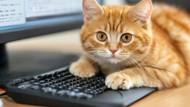 Playful orange kitten resting on computer keyboard