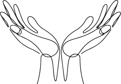 One line hand drawing. arms reaching up, an Islamic praying and a symbol of faith mosque. The concept of a religious image of a Muslim