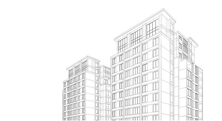 Minimalist black and white architectural line drawing showing the perspective view of several modern high-rise apartment buildings under a clear sky.