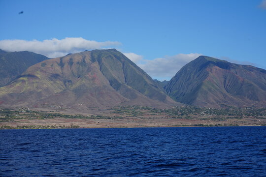 West Maui Mountain range viewed from a whale watching catamaran