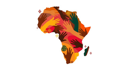 Map of Africa formed by diverse hands reaching together, symbolizing unity, strength, and community in the continent.