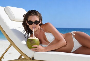 A woman is lounging on a cushioned beach chair, looking directly toward the camera with a neutral, calm expression. She has wet, dark hair and is wearing a white, textured bikini embellished with smal