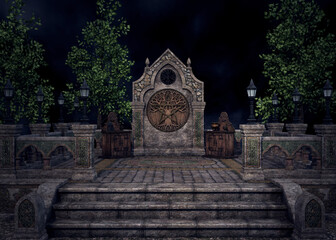Dark and eerie Gothic cemetery scene featuring a stone monument with a pentagram symbol, ornate architecture, glowing lanterns, and lush green trees against a night sky. Mystical 3D illustration.