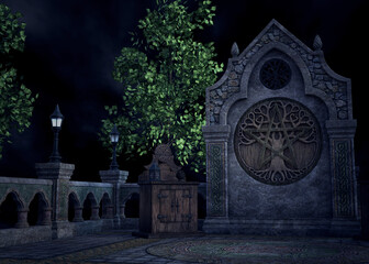 Dark and eerie Gothic cemetery scene featuring a stone monument with a pentagram symbol, ornate architecture, glowing lanterns, and lush green trees against a night sky. Mystical 3D illustration.