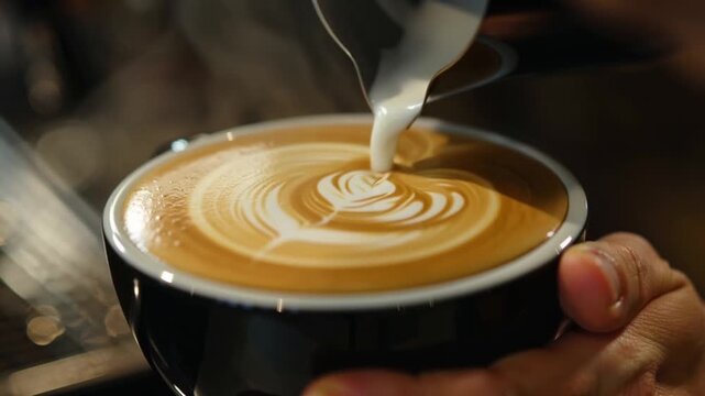 Macro cinematic shot latte art creation, milk pouring espresso forming heart rosette patterns, extreme close-up swirling textures, steam drifting upwards, coffee shop ambiance soft focus, warm golden