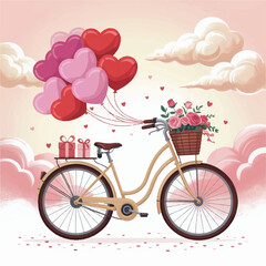 Fototapeta premium Romantic Vintage Bicycle with Heart Balloons and Rose Basket - Whimsical Pastel Illustration
