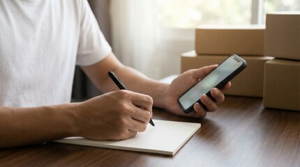 Fototapeta premium Asian Entrepreneur Managing Online Store Orders, Using a Smartphone and Writing Shipping Details on a Notepad with Parcels