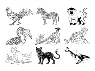 coloring page line art the animal and flower black vector bundle