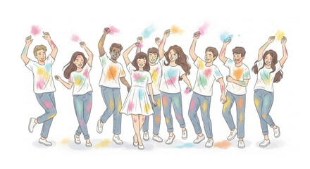 Obraz premium Diverse group of young people celebrating Holi festival with colorful powder joyful outdoor activity illustration for cultural events and celeb