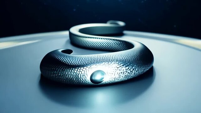 A close-up of a sleek robotic snake with metallic textures lying on a white surface. 4k Video footage.