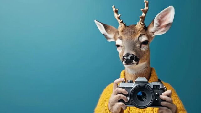 Anthropomorphic deer with camera in yellow sweater against blue background