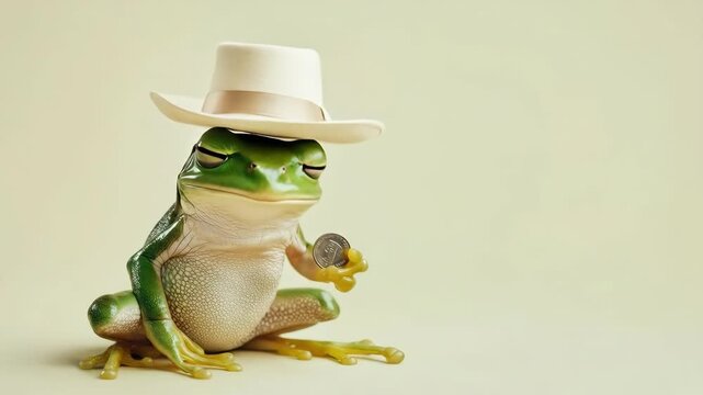 Green frog with white hat holding coin on beige background