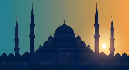 Fototapeta premium Silhouette of a mosque at sunset with minarets and dome
