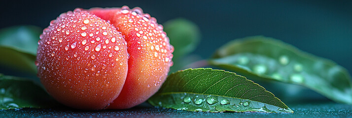 Fresh peach resting on green leaves with water drops Generative AI