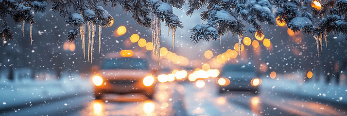 Icy tree branches hang over a winter road with cars Generative AI
