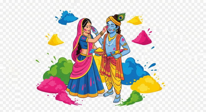 Lord Krishna and Radha celebrating Holi festival with colorful powders traditional Indian illustration for festive greetings and cultural event