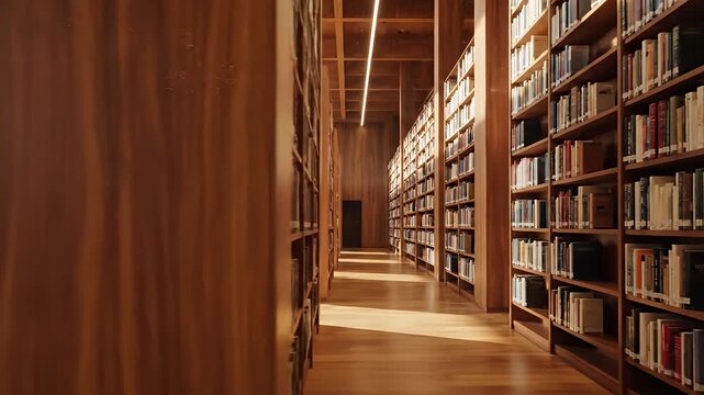Spacious modern library interior with wooden bookshelves and large windows