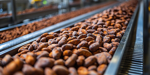 Roasted cocoa beans move on conveyor belt in factory Generative AI