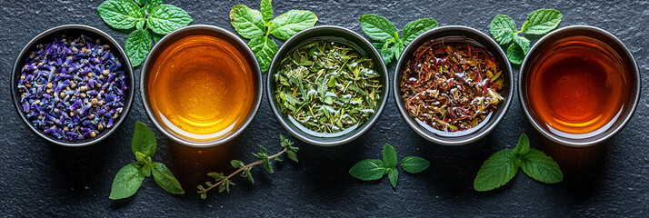 Herbal tea cups with herbal ingredients on table Generative AI