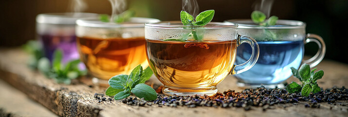 Warm herbal tea cups on a wooden table with aroma Generative AI