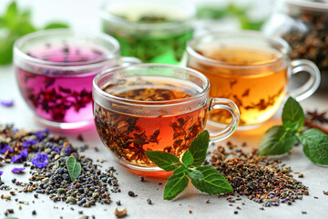 Warm cups of herbal tea with various herbs in background Generative AI