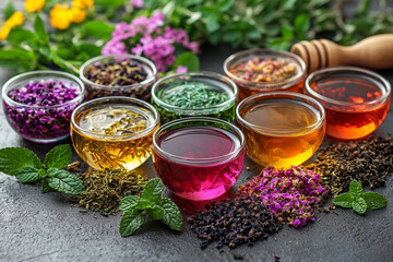 Warm herbal tea cups with various aromatic herbs in the garden Generative AI