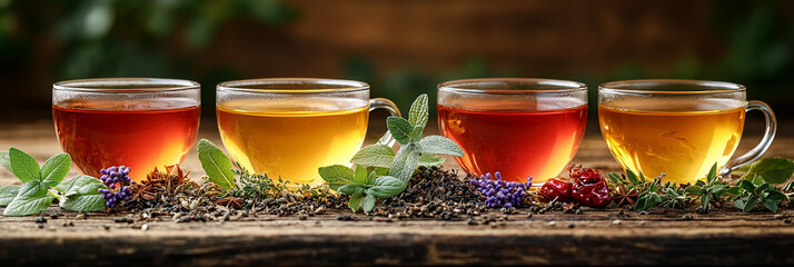 Warm herbal tea cups with herbs on wooden table Generative AI