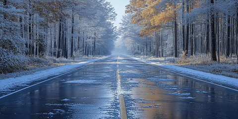 Wet icy road bordered by trees in winter landscape Generative AI