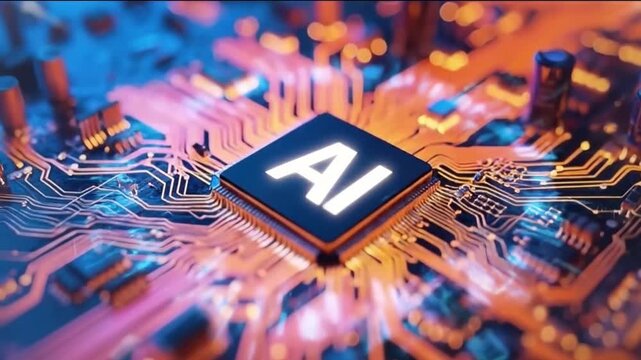 AI processor chip on circuit board with glowing connections and microelectronic components