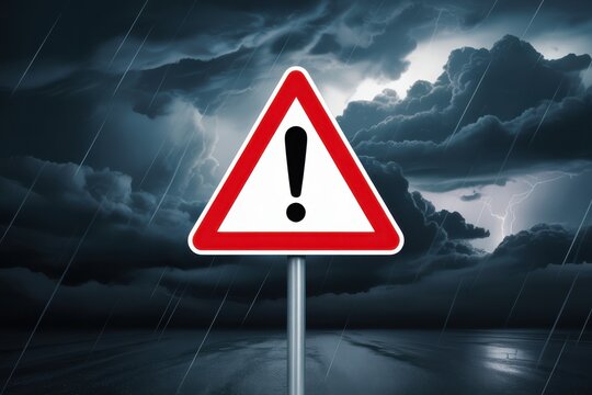Triangular warning sign on a metal post in a stormy weather with dark clouds and lightning