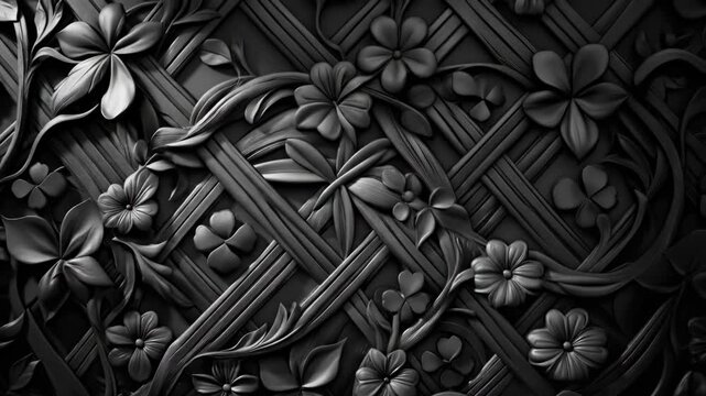 Intricate black floral pattern with geometric weave design