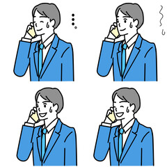 色々な困った表情で電話している若いビジネスマンのイラストセット
