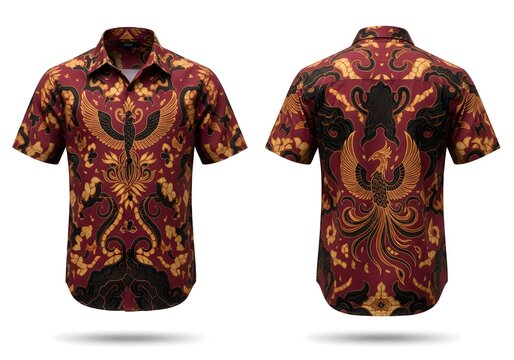 Modern Phoenix Bird Batik Shirt Men Maroon Red Short Sleeve Mythical Creature Apparel