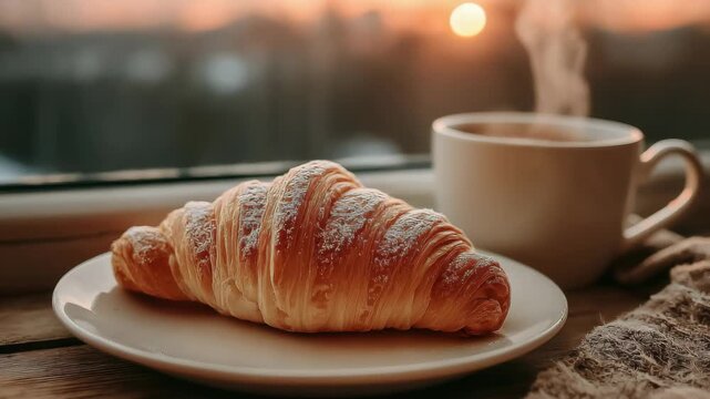 Morning sunlight and steaming coffee with freshly baked croissant by the window