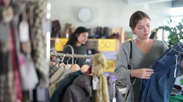 American woman stands in a clothing store and chooses stylish jeans, standing near the counter with things. Thrifty shopper looking at cheap clothes. High quality 4k footage