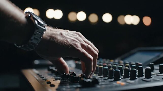 Professional Sound Engineer Adjusting Faders on Audio Mixing Console at Live Music Event with Beautiful Bokeh Background