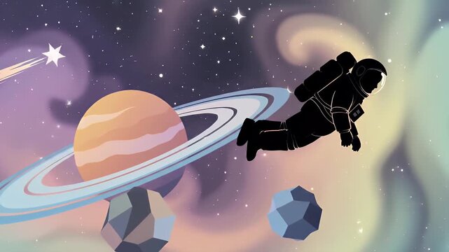Astronaut silhouette floats near ringed planet in colorful space