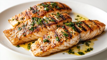Grilled salmon fillets, golden brown, arranged on a white plate, drizzled with oil and herbs, close-up, appetizing