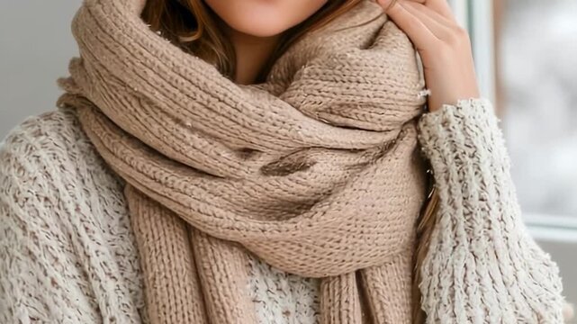 Cozy winter fashion: woman wrapped in beige scarf and knit sweater