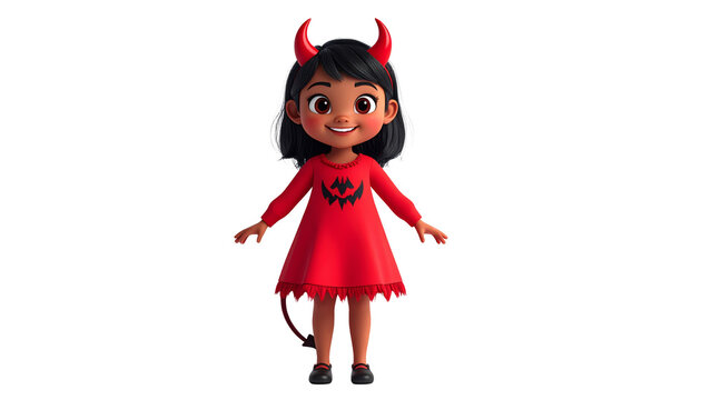Happy 3D cartoon little girl character in red devil costume with horns and tail for Halloween celebration isolated on white background