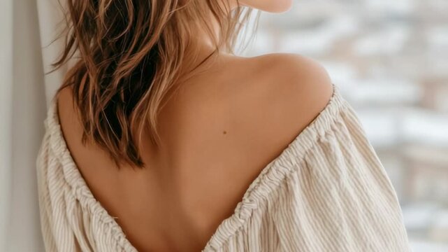 Serenity in soft textures: back view of woman in cozy sweater at window