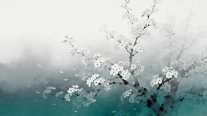 Chinese Ink Style Plum Blossom Landscape with Misty Atmosphere