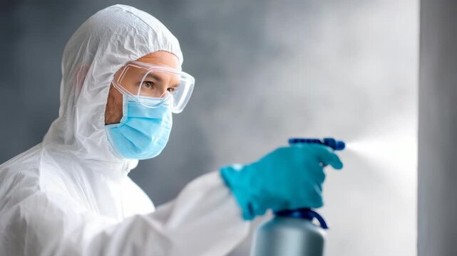 Scientist in protective gear conducts sterilization with spray bottle in laboratory setting
