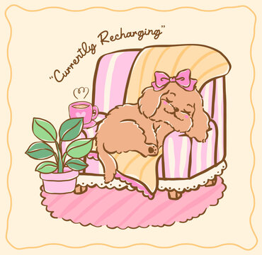 Adorable Cavoodle Puppy sleeping on Couch, Cozy Home Whimsical Hand Drawn